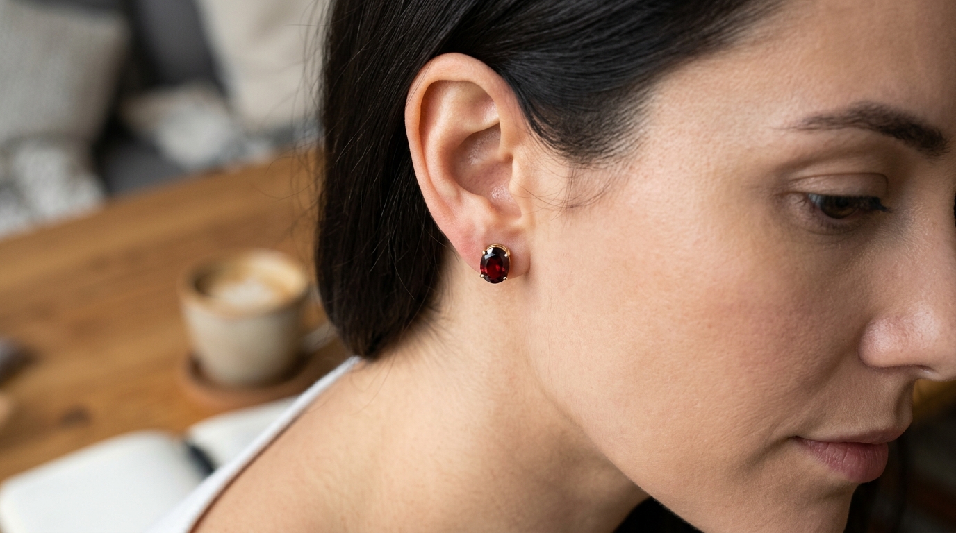 2.00ct Oval Garnet Studs: Size in mm on the Ear