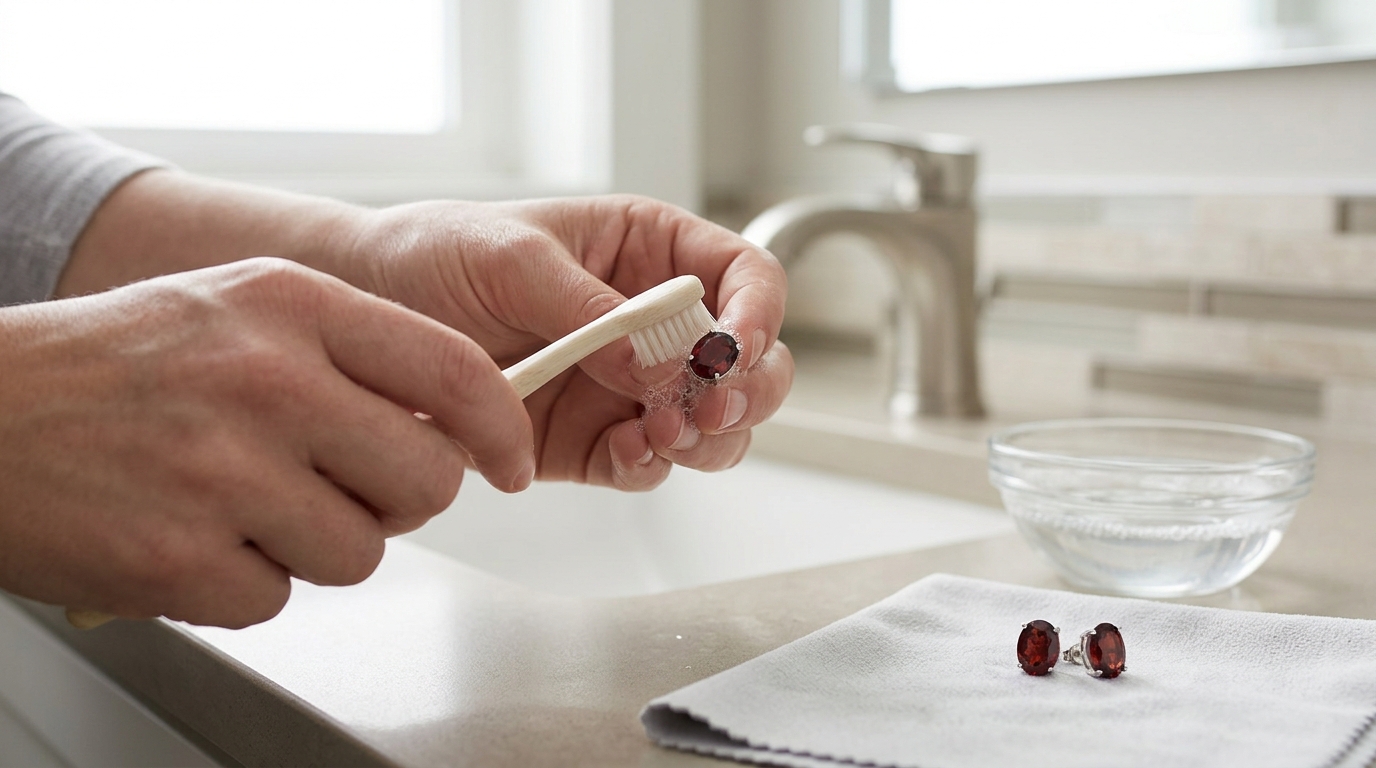 Clean Oval Garnet Studs in 14K White Gold at Home